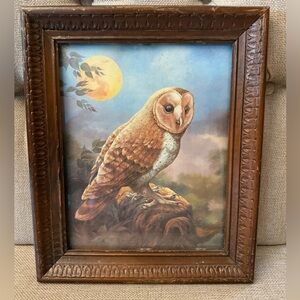 Vintage Framed Owl by Moonlight Art with Wooden Frame Fairy Goth